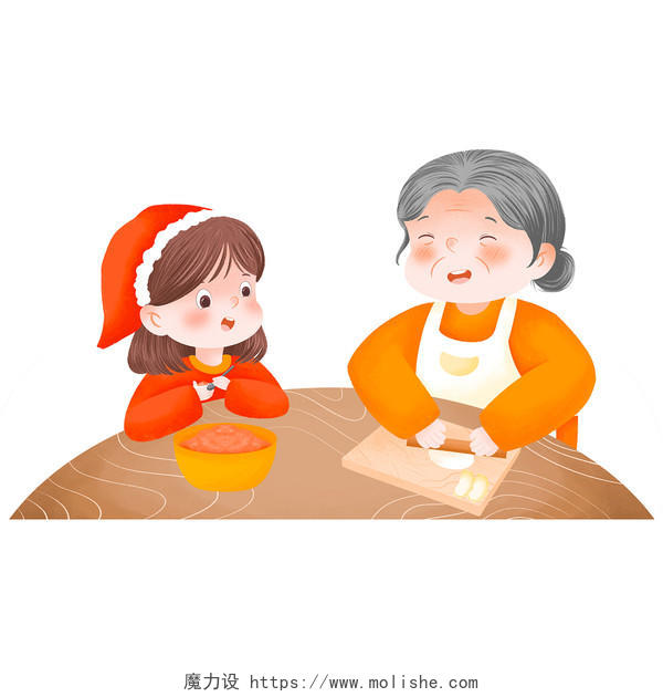 冬至过年立冬吃饺子元素春节做饺子奶奶年夜饭美食PNG素材立冬冬天插画